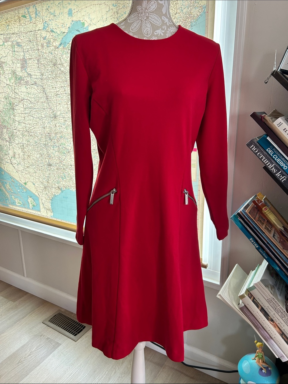 Michael Kors Red Long-Sleeve A-Line Dress with Zip Pocket Accents